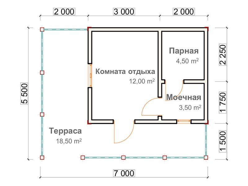 План деревянной бани «ДАУГАВА» 7x5,5 в Туле и Тульской области
