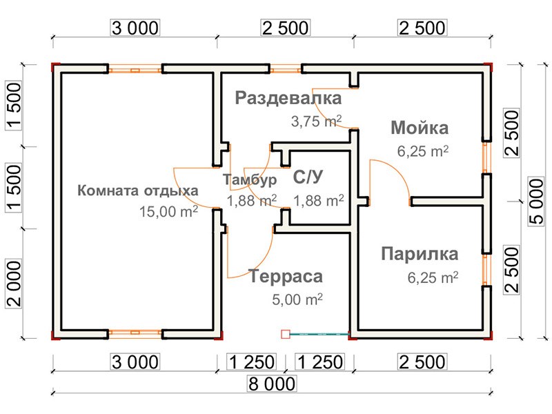План деревянной бани «ИЖМА» 8x5 в Туле и Тульской области